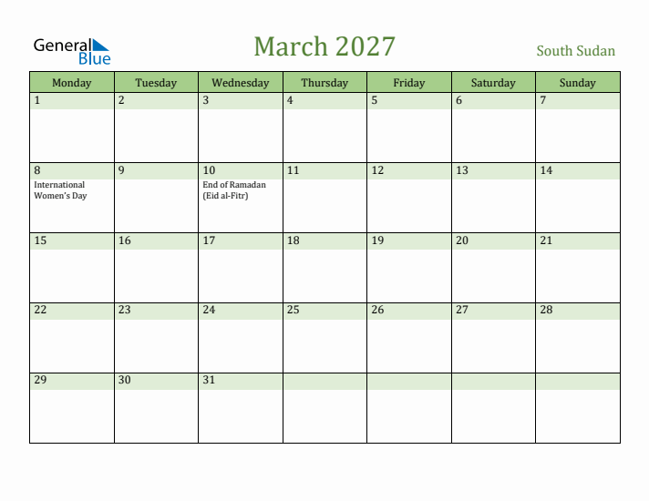 March 2027 Calendar with South Sudan Holidays