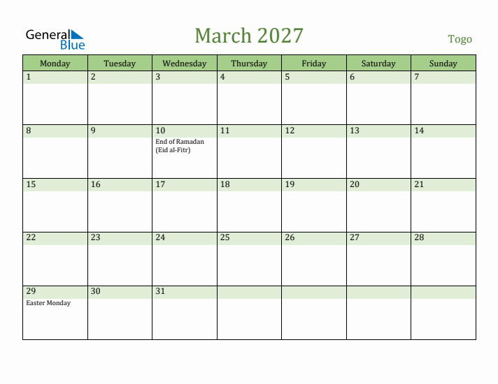 March 2027 Calendar with Togo Holidays