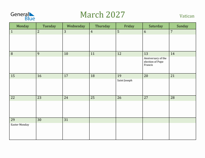 March 2027 Calendar with Vatican Holidays