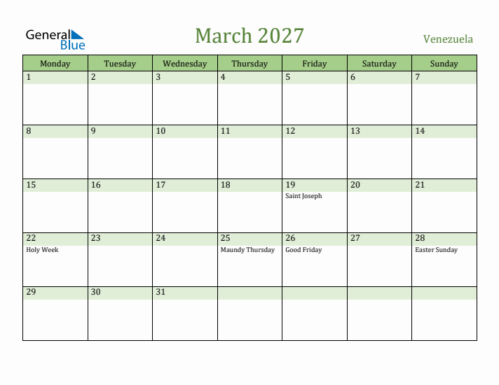 March 2027 Calendar with Venezuela Holidays