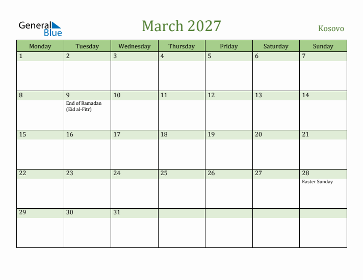 March 2027 Calendar with Kosovo Holidays