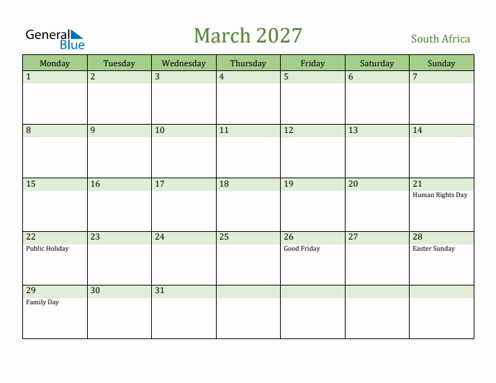 March 2027 Calendar with South Africa Holidays