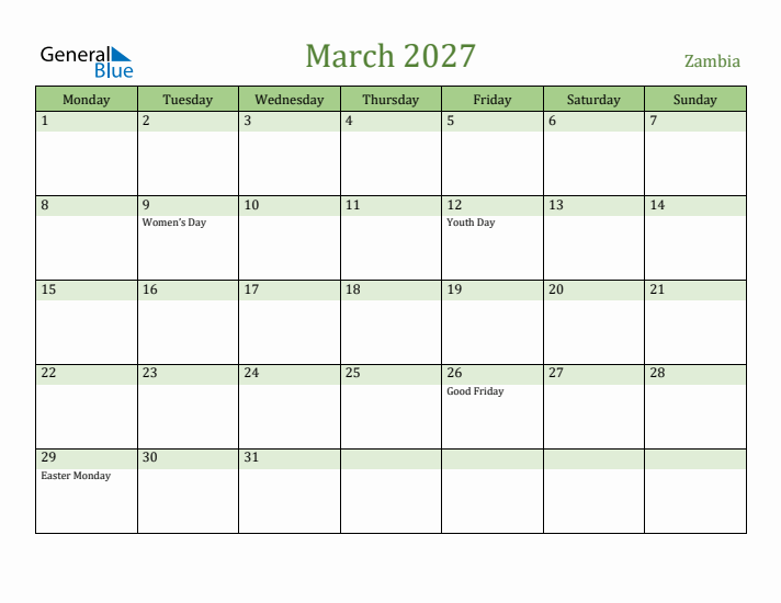 March 2027 Calendar with Zambia Holidays