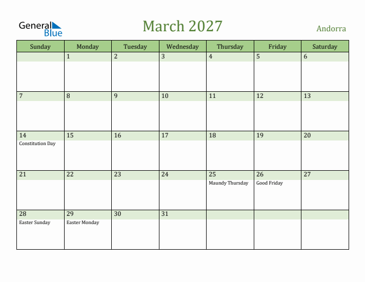 March 2027 Calendar with Andorra Holidays