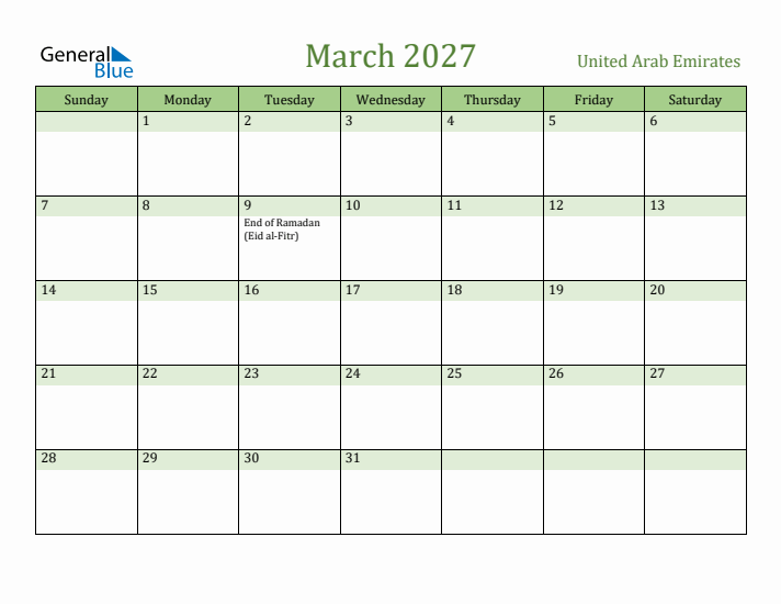 March 2027 Calendar with United Arab Emirates Holidays