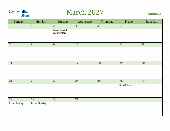 March 2027 Calendar with Anguilla Holidays