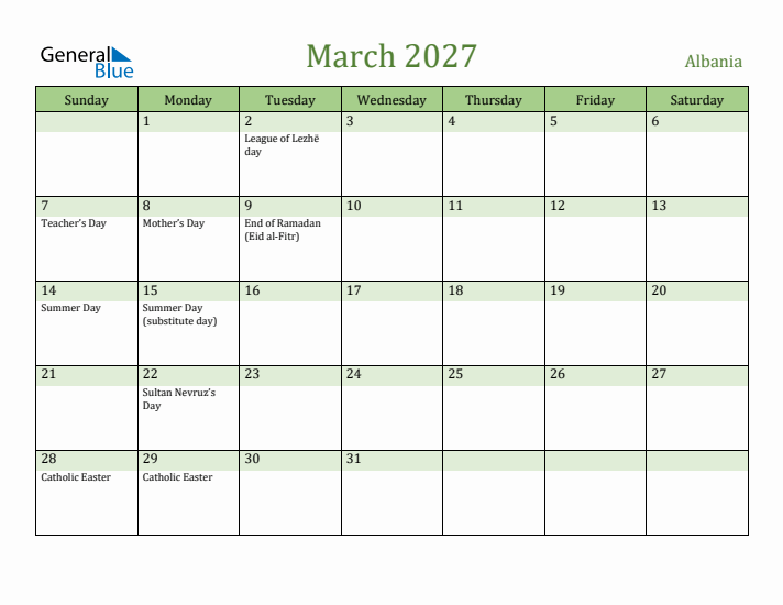 March 2027 Calendar with Albania Holidays