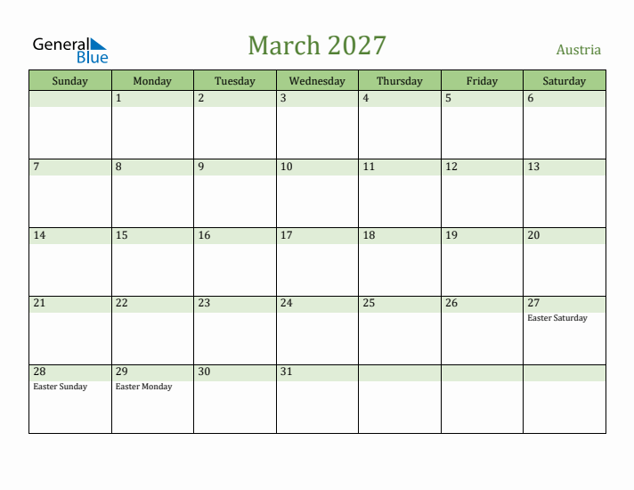 March 2027 Calendar with Austria Holidays