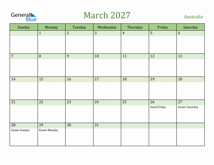 March 2027 Calendar with Australia Holidays
