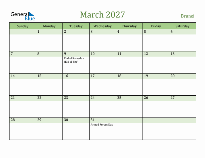 March 2027 Calendar with Brunei Holidays