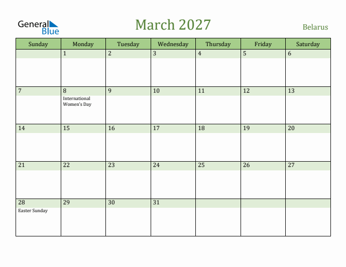 March 2027 Calendar with Belarus Holidays