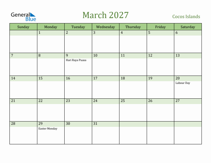 March 2027 Calendar with Cocos Islands Holidays