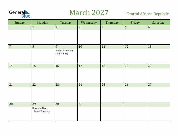 March 2027 Calendar with Central African Republic Holidays