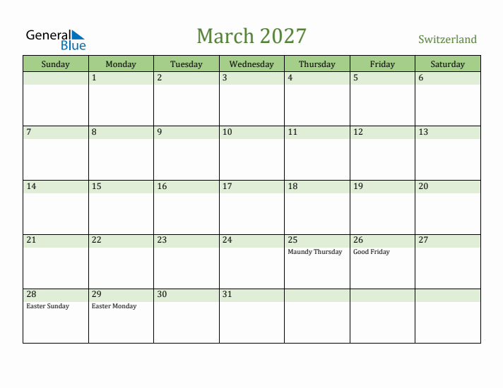 March 2027 Calendar with Switzerland Holidays