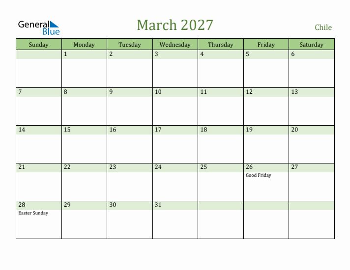 March 2027 Calendar with Chile Holidays