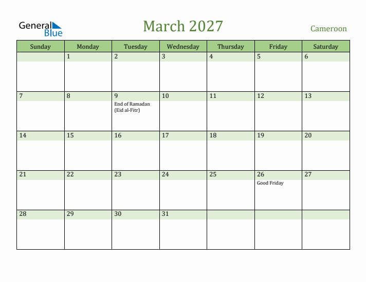 March 2027 Calendar with Cameroon Holidays