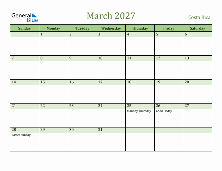 March 2027 Calendar with Costa Rica Holidays