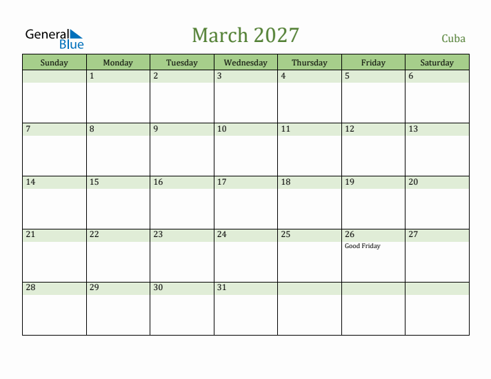 March 2027 Calendar with Cuba Holidays