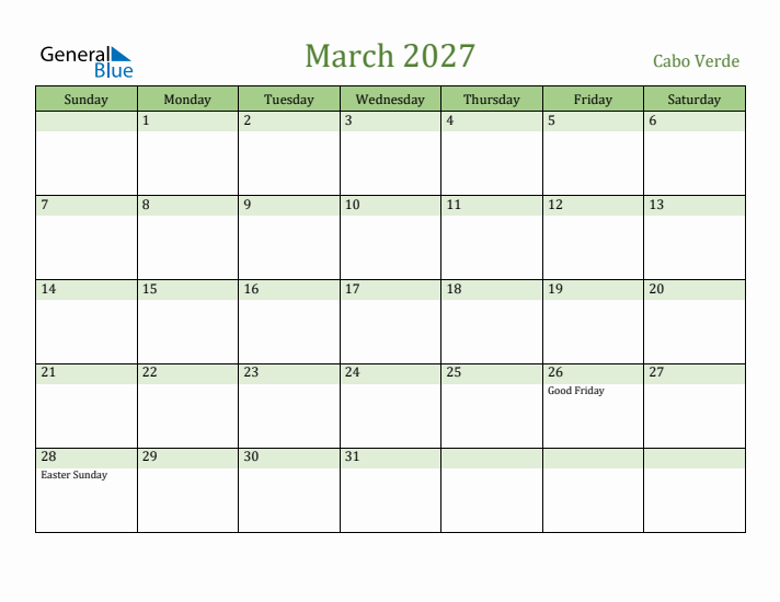 March 2027 Calendar with Cabo Verde Holidays