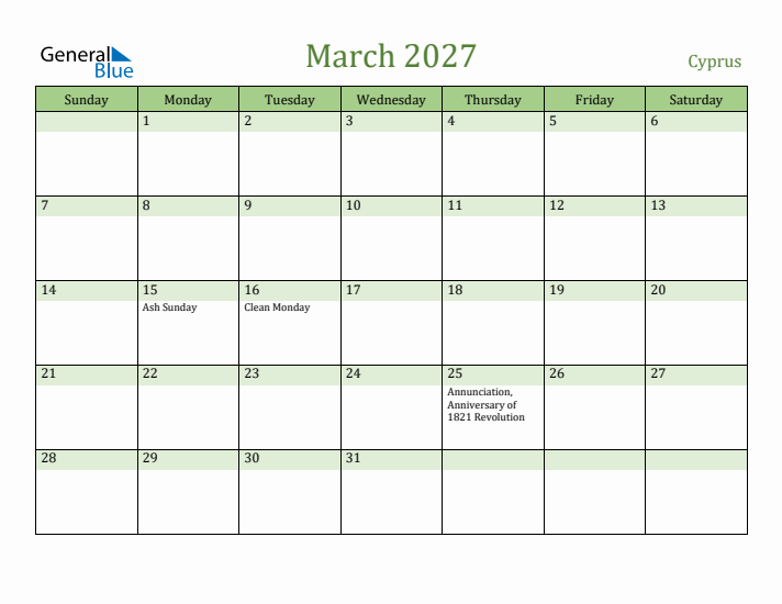 March 2027 Calendar with Cyprus Holidays