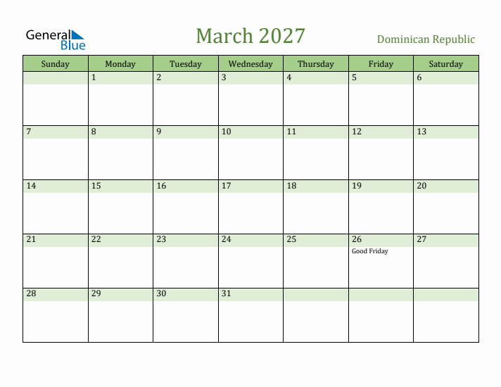 March 2027 Calendar with Dominican Republic Holidays