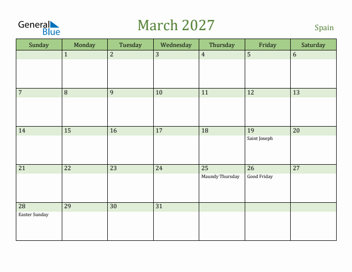 March 2027 Calendar with Spain Holidays
