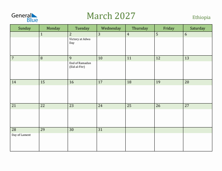 March 2027 Calendar with Ethiopia Holidays