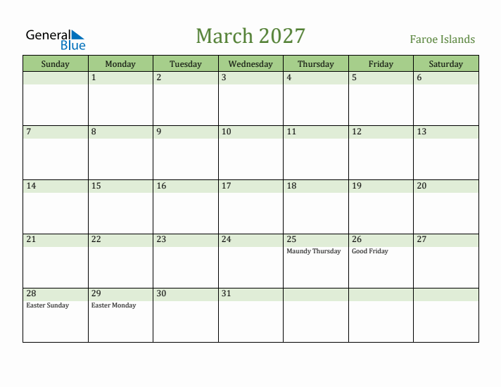 March 2027 Calendar with Faroe Islands Holidays