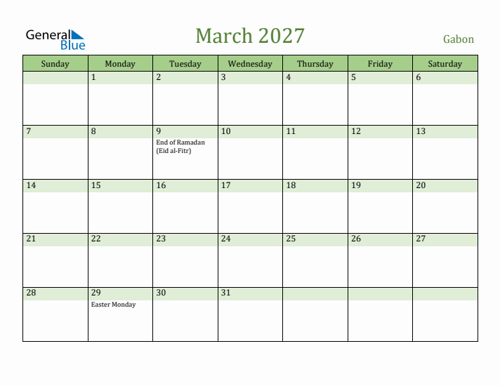 March 2027 Calendar with Gabon Holidays