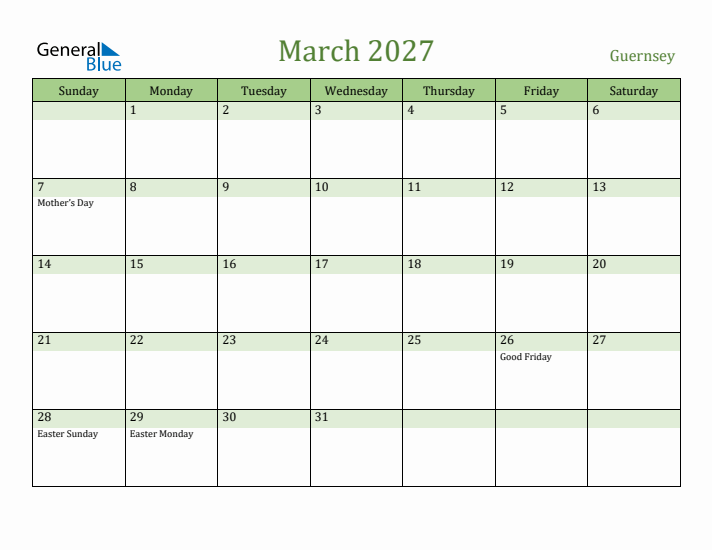 March 2027 Calendar with Guernsey Holidays