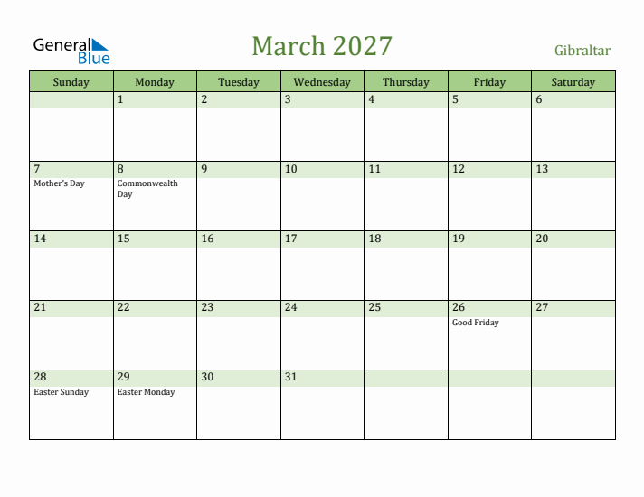 March 2027 Calendar with Gibraltar Holidays