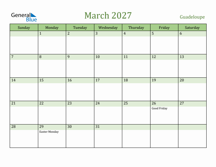 March 2027 Calendar with Guadeloupe Holidays