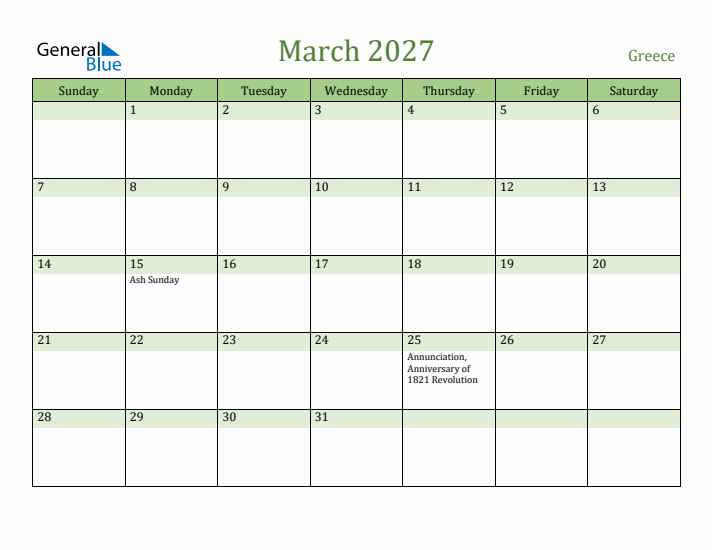 March 2027 Calendar with Greece Holidays