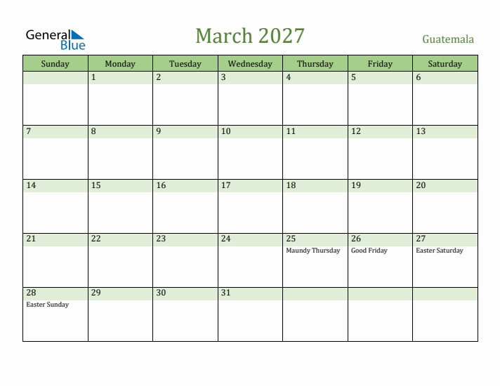 March 2027 Calendar with Guatemala Holidays