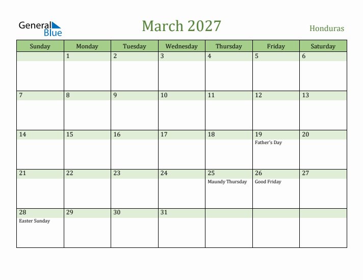 March 2027 Calendar with Honduras Holidays