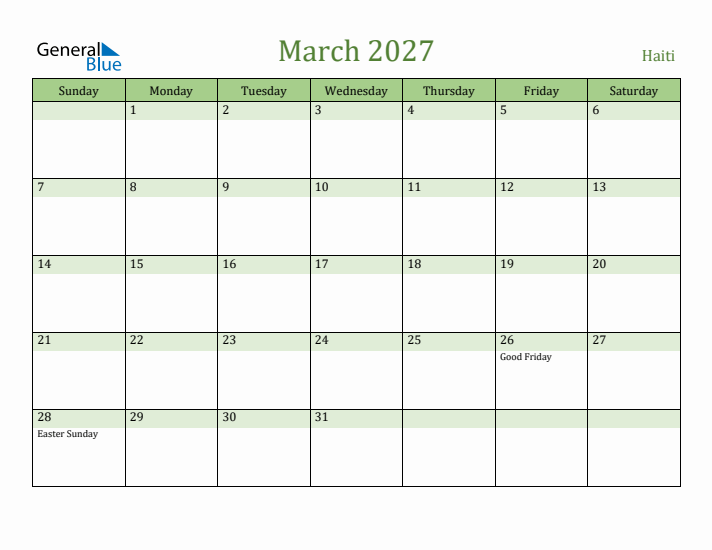 March 2027 Calendar with Haiti Holidays