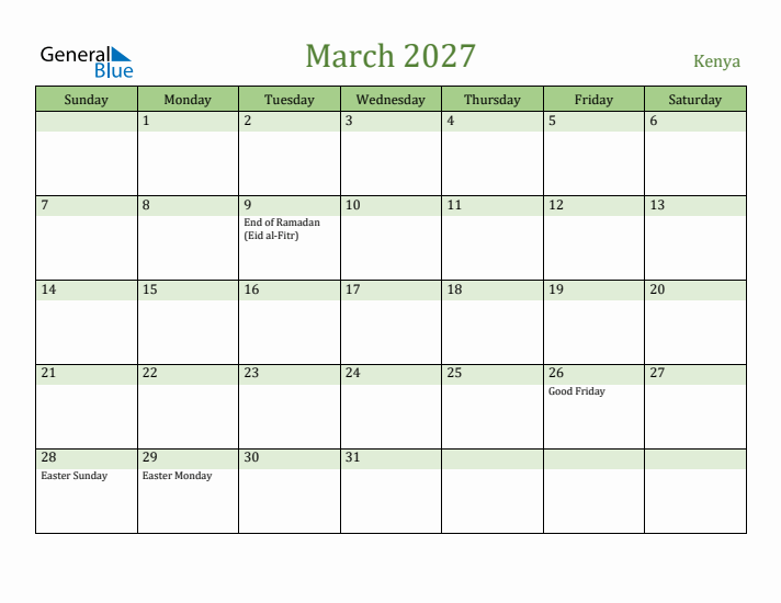March 2027 Calendar with Kenya Holidays