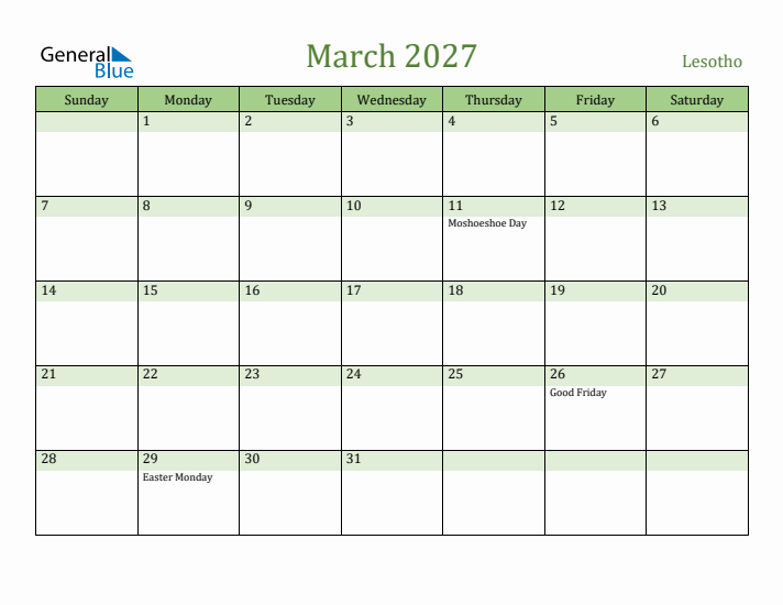 March 2027 Calendar with Lesotho Holidays