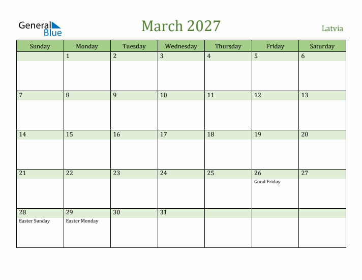 March 2027 Calendar with Latvia Holidays