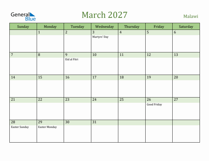 March 2027 Calendar with Malawi Holidays