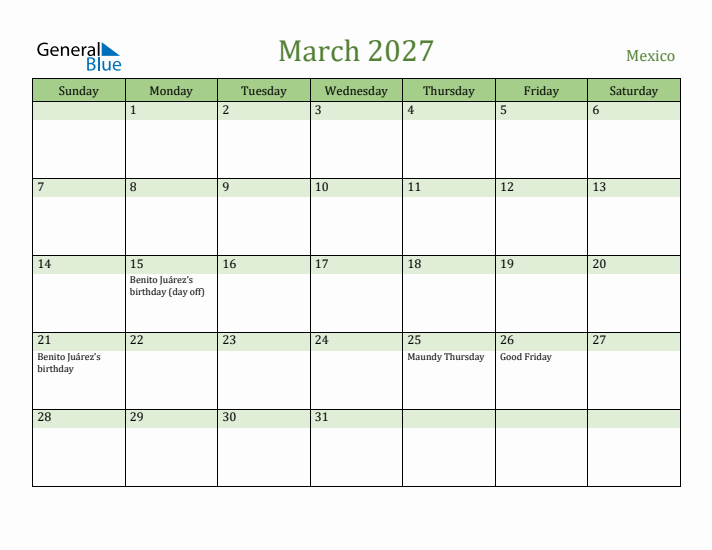 March 2027 Calendar with Mexico Holidays