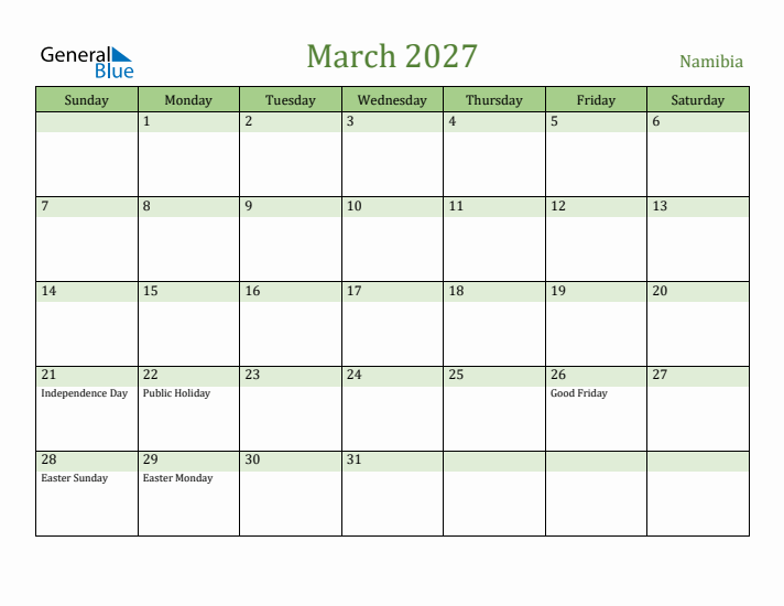 March 2027 Calendar with Namibia Holidays