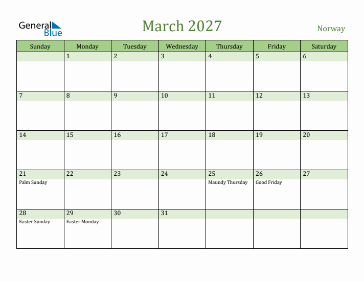 March 2027 Calendar with Norway Holidays