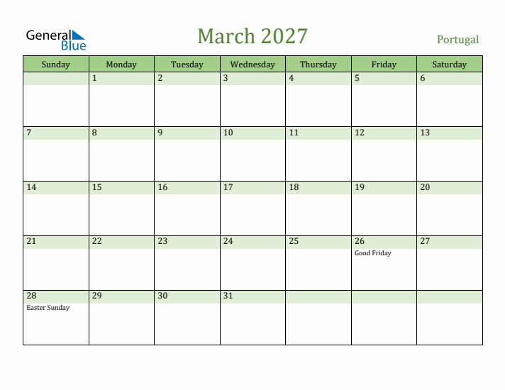 March 2027 Calendar with Portugal Holidays