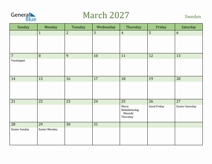 March 2027 Calendar with Sweden Holidays