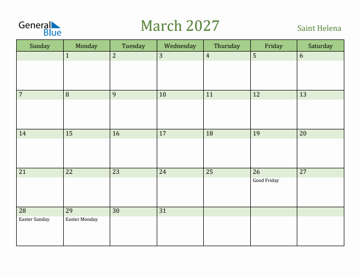 March 2027 Calendar with Saint Helena Holidays