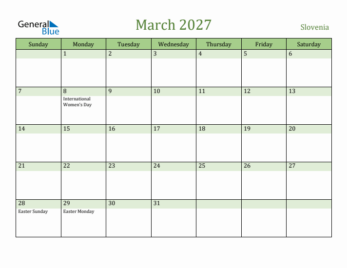 March 2027 Calendar with Slovenia Holidays
