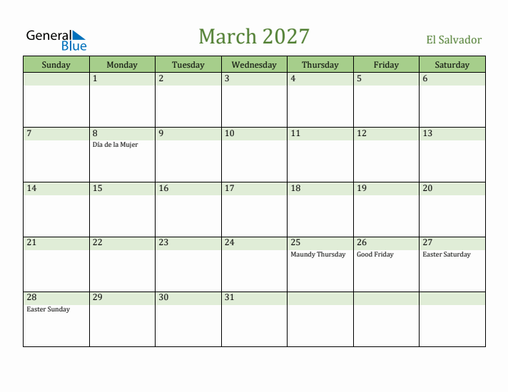 March 2027 Calendar with El Salvador Holidays