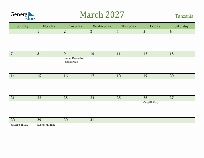 March 2027 Calendar with Tanzania Holidays