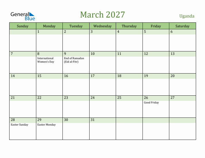March 2027 Calendar with Uganda Holidays